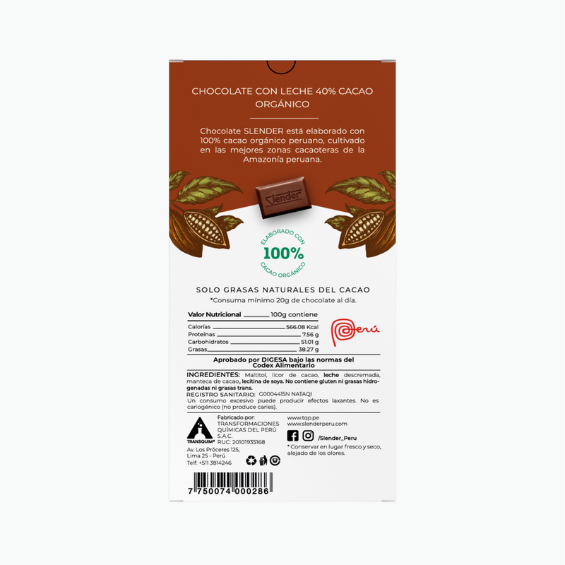 SLENDER TABLETA DE CHOCOLATE MILK contiene 40% de cacao orgánico peruano con sabor a leche. Chocolate con leche endulzado sin azúcar, una perfecta elección balanceada, dulce y saludable.